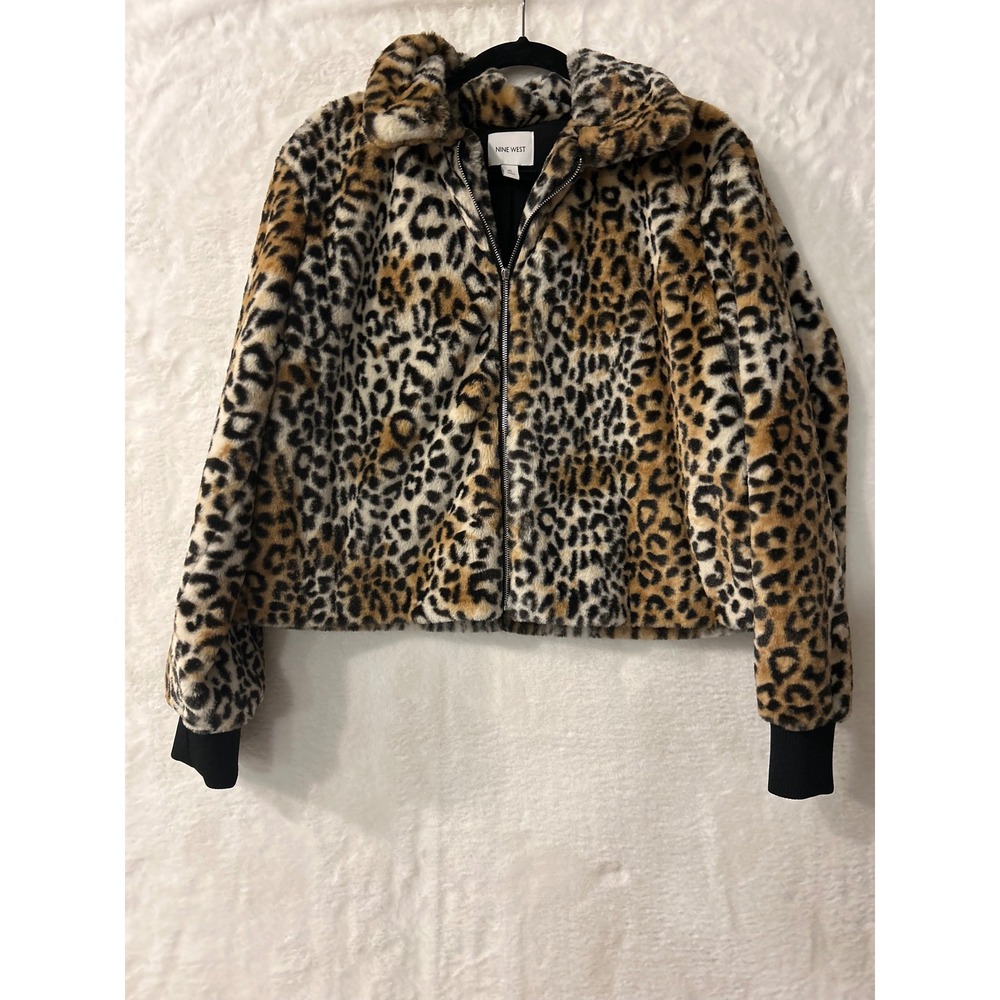 Nine West Faux Fur Leopard Print Zip Front Jacket‎ XL Brown Black Animal Print
